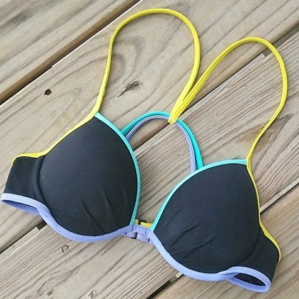 VICTORIA'S SECRET Black + Pastel Straps The Fabulous Push Up Bikini Top 34B - Picture 1 of 8